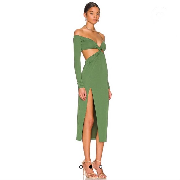 SOLD-Camila Coelho Maeve Midi Dress in Basil Green Sz S Jersey Stretch Side Slit - Picture 2 of 11